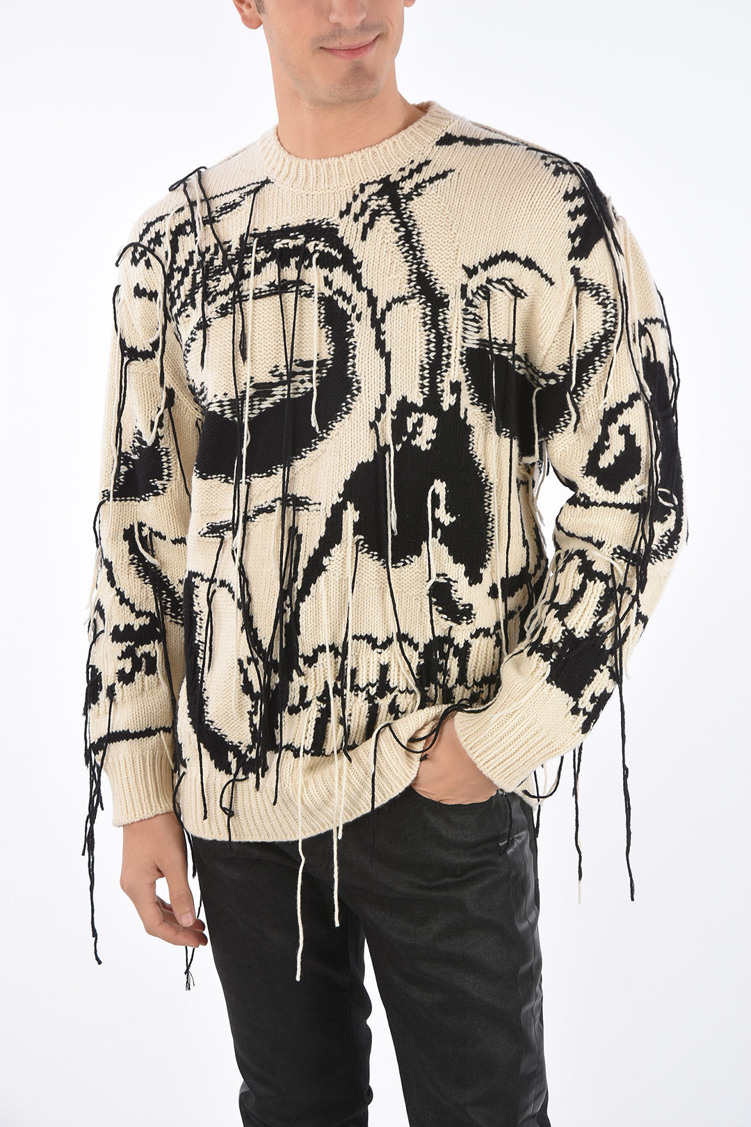 Alexander McQueen Crew Neck Two Tone Pullover with Skull Motif and Pulled Wires men Glamood Outlet