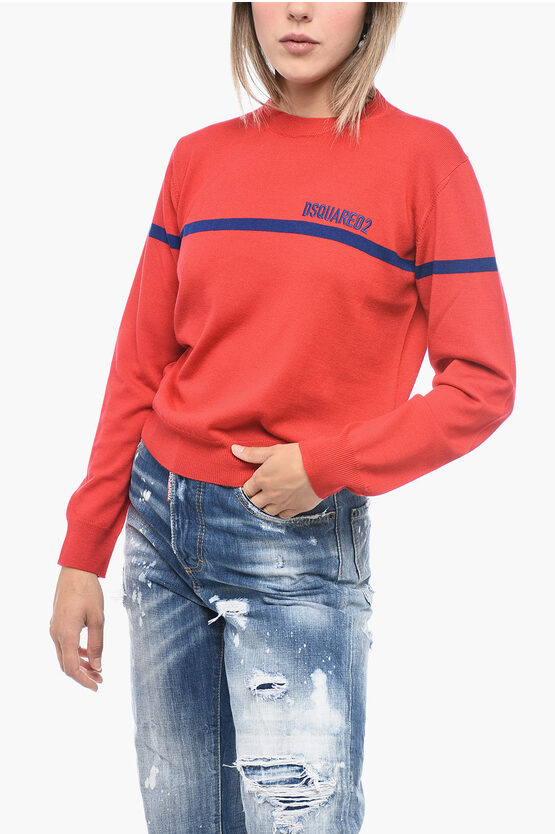 Shop Dsquared2 Crew Neck Virgin Wool Sweater With Embroidered Logo