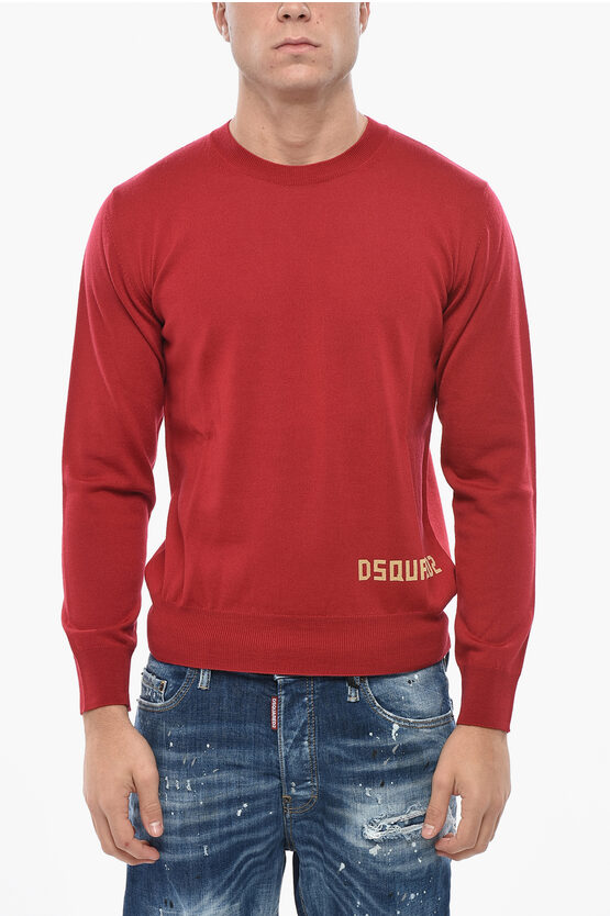 Dsquared2 Crew Neck Virgin Wool Sweater With Flocked Logo In Red