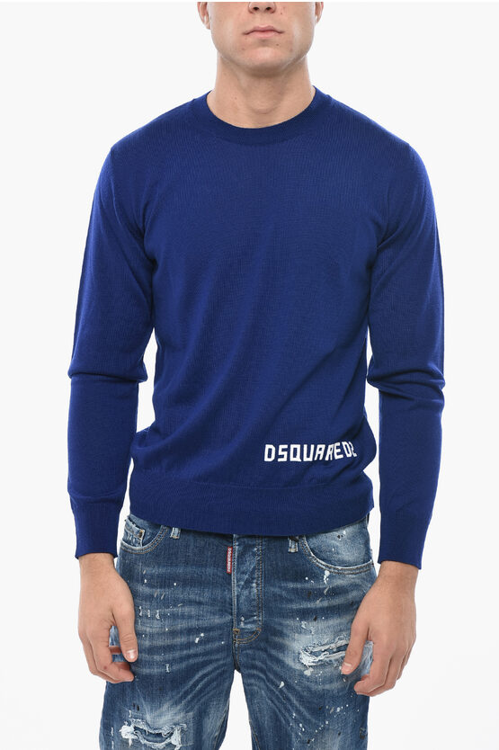 Dsquared2 Crew Neck Virgin Wool Sweater With Flocked Logo In Blue