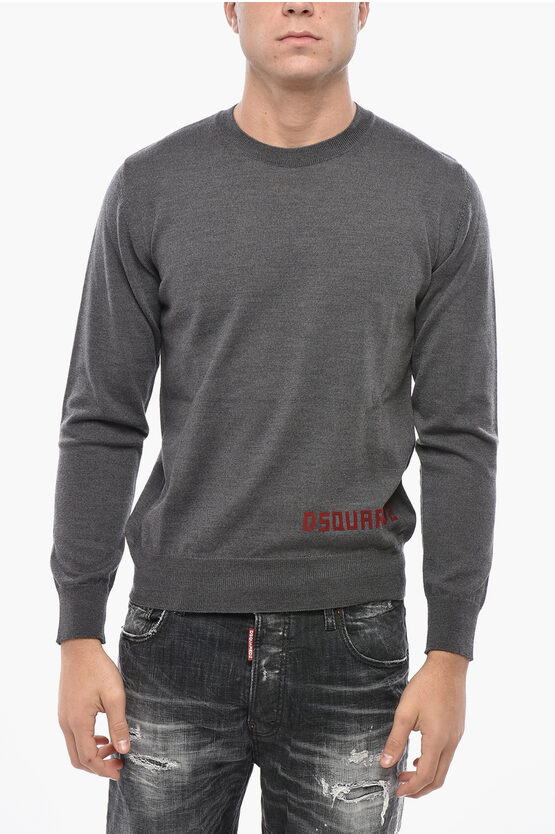 Dsquared2 Crew Neck Virgin Wool Sweater With Flocked Logo In Gray