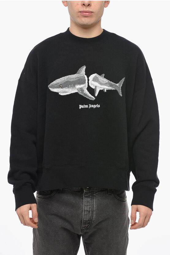 Shop Palm Angels Crew Neck White Shark Sweatshirt With Terry Patch