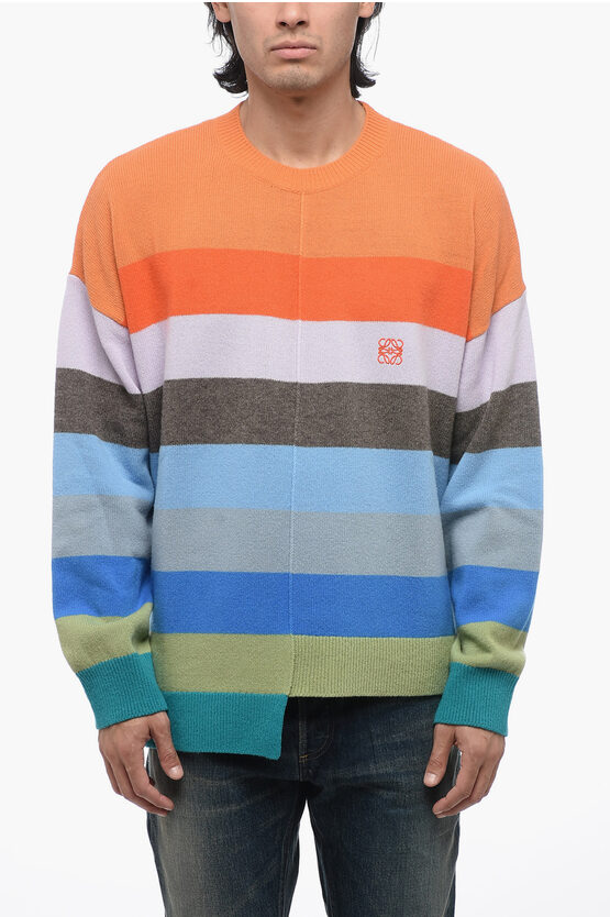 Shop Loewe Crew Neck Wool Sweater With Multicolor Striped Motif