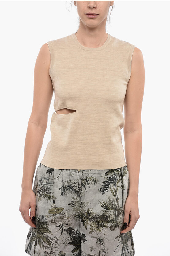 Fendi Crew Neck Wool Top With Cut-out Detail In Neutral