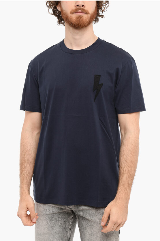 Neil Barrett Crewneck Bolt Badge Short Sleeved T-shirt With Patch In Blue