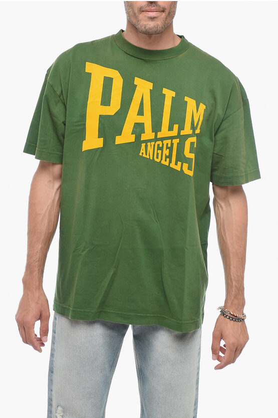 Palm Angels Crewneck College T-shirt With Crackelé Print In Green