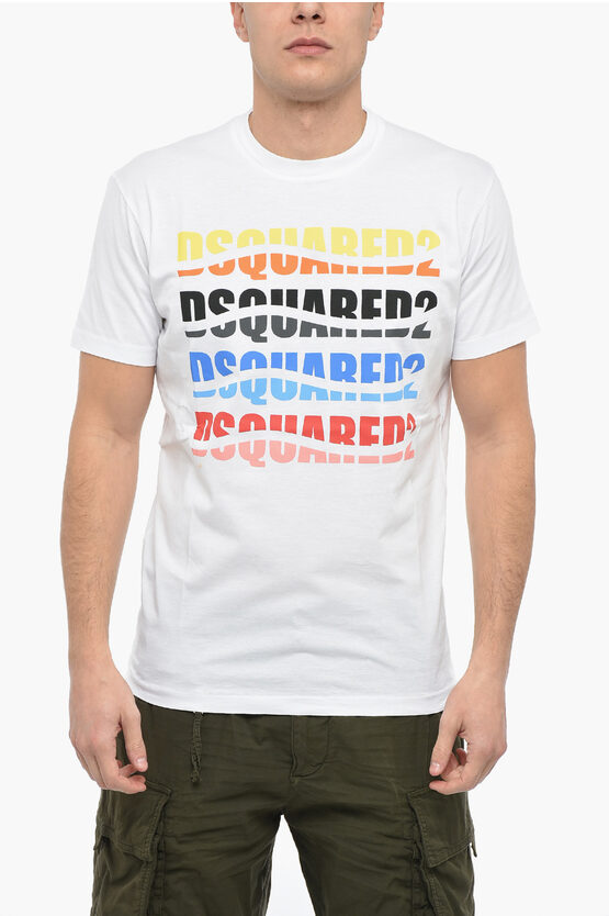 Dsquared2 Crewneck Color Wave T-shirt With Multicolored Lettering In Bianco
