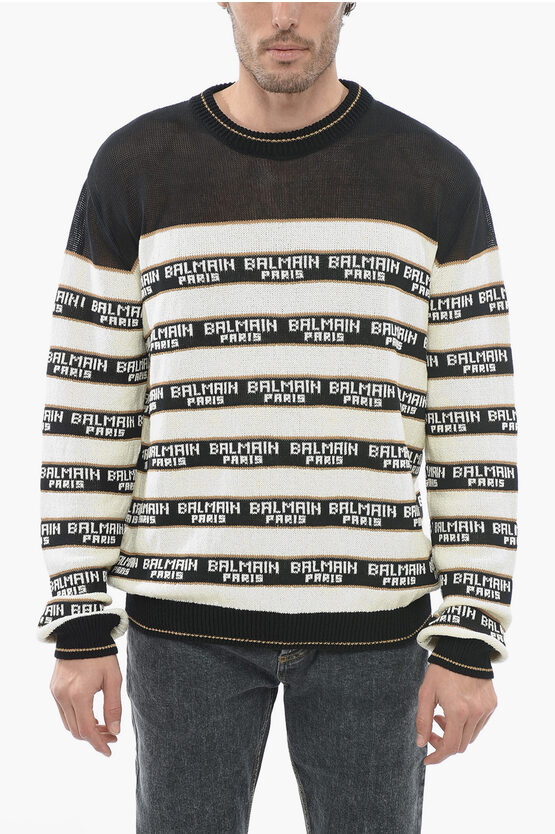 Shop Balmain Crewneck Intarsia Sweater With Embroidered Logo