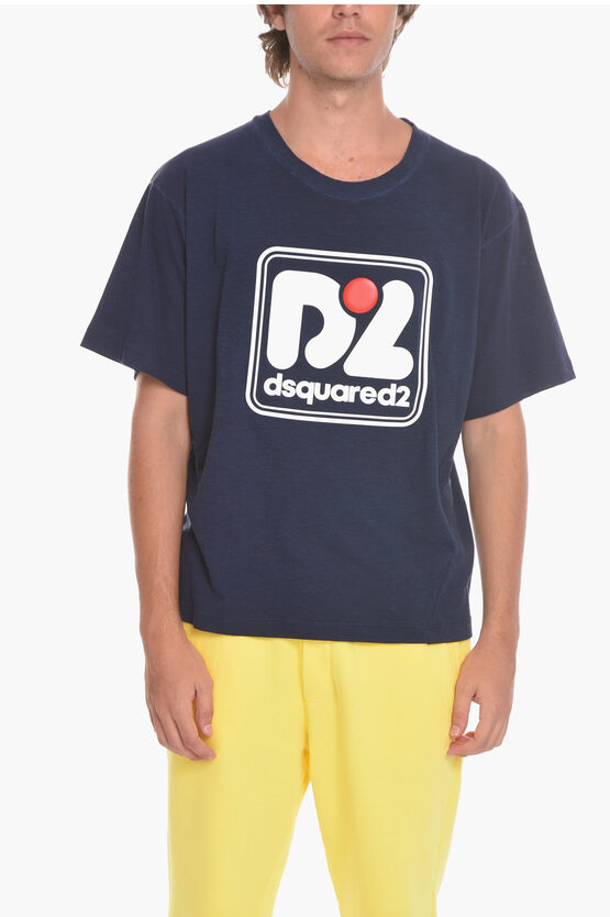 Dsquared2 Crewneck T-shirt With Maxi Embossed Logo In Blue