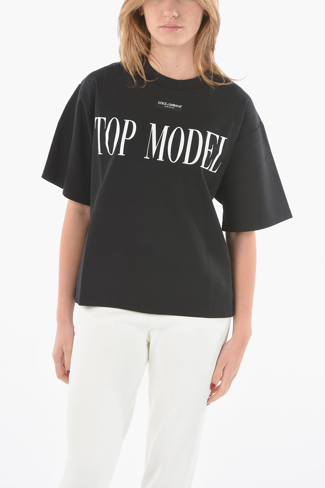 Dolce & Gabbana Crewneck TOP Outlet - MODEL with T-shirt women Glamood Lettering Print