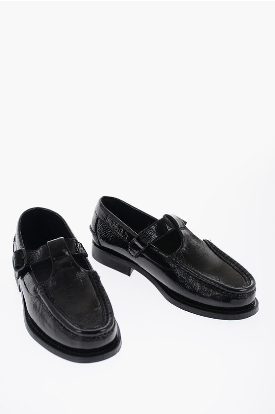 Shop Hereu Crinkled Patent Leather Alber T-strap Loafers
