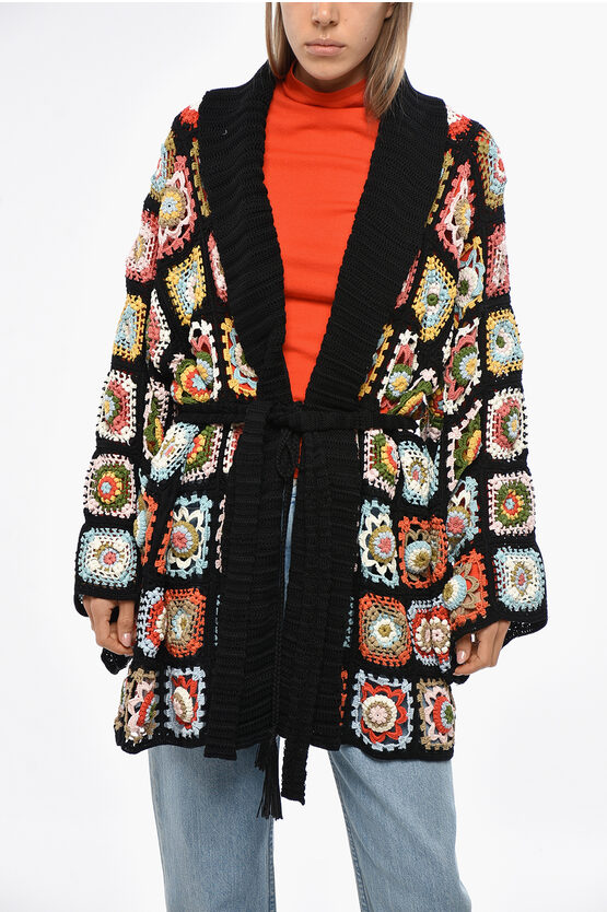Alanui Crochet Cotton Kimono Fit Cardigan With Belt In Multi