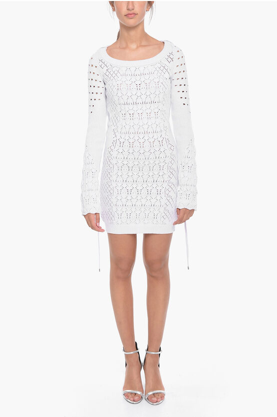 Attico Crochet Taylor Bodycon Dress With Laces To Tie At The Waist In White