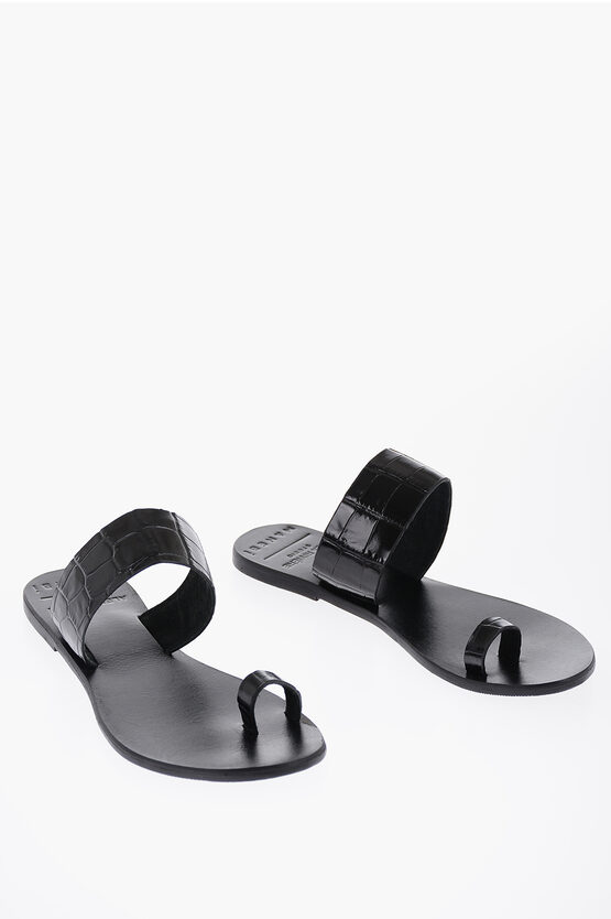 Manebi Croco-effect Leather Rive Thong Sandals In Black