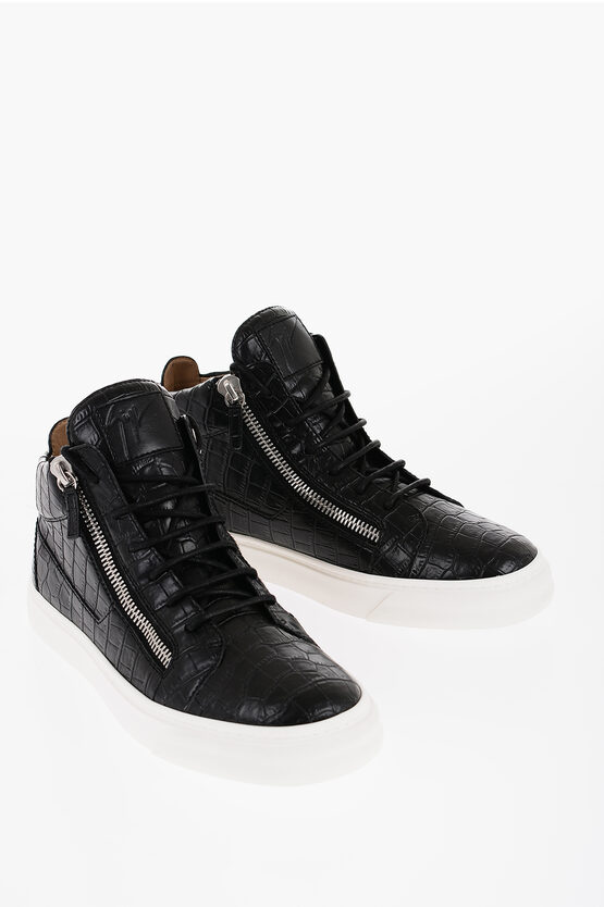 Shop Giuseppe Zanotti Crocodile Effect Faux Leather Mid-top Sneakers With Side Zip