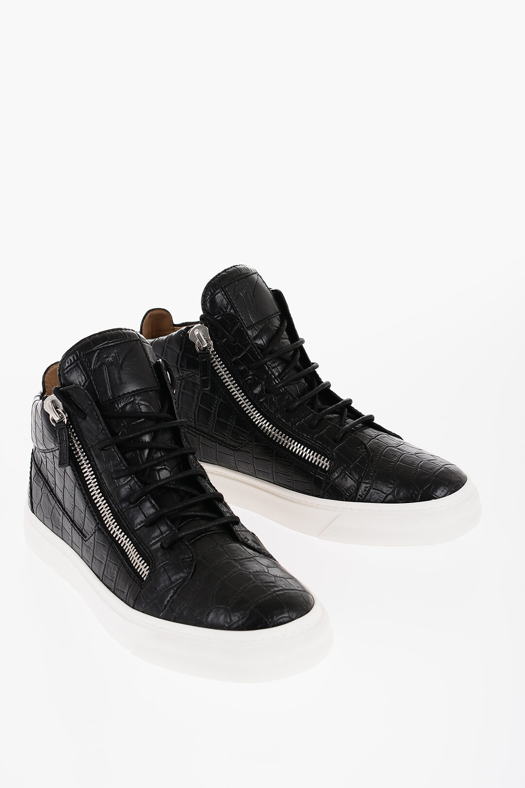 Crocodile Effect Faux Leather Mid Top Sneakers with Side Zip