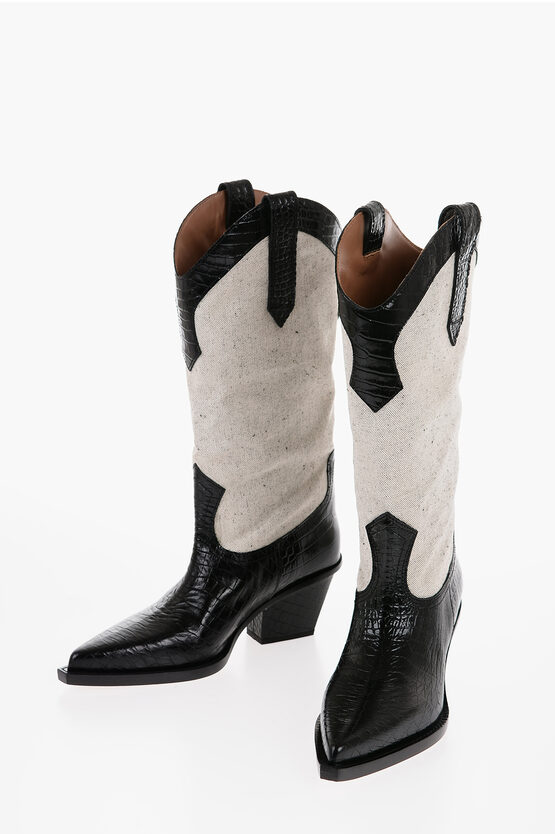 Paris Texas Crocodile-effect Leather And Canvas Rosario Western Boots Wi In Black