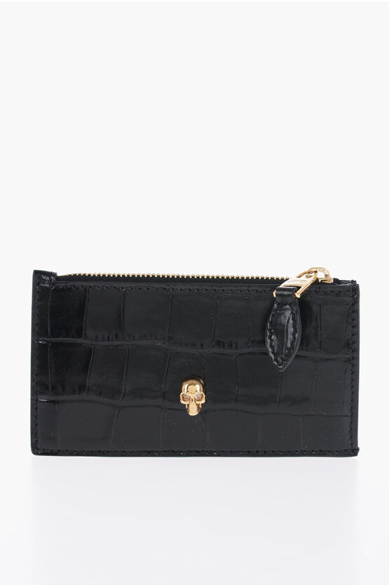 Alexander Mcqueen Crocodile Effect Leather Card Holder With Zip Closure In Black