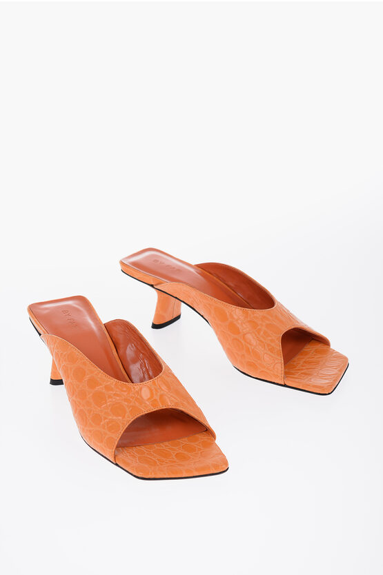 By Far Crocodile Effect Leather Huston Sandals With Spool Heel 6cm In Orange