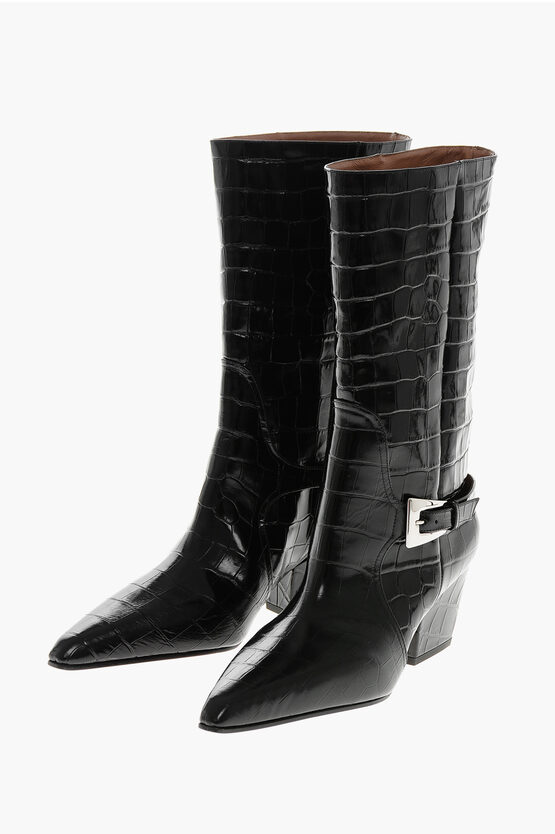 Paris Texas Crocodile Effect Leather Jane Western Boots With Silver-tone In Black
