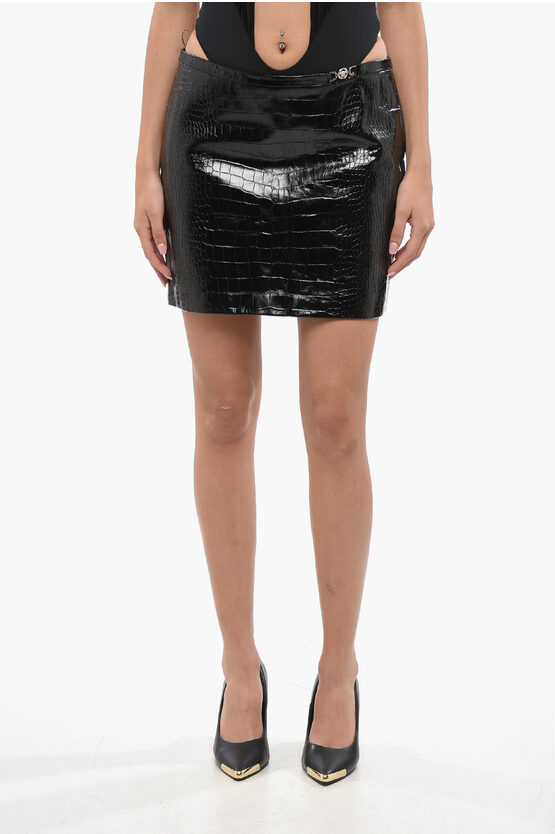 Versace Waist-high Leather Skirt With Crocodile Motif In Black