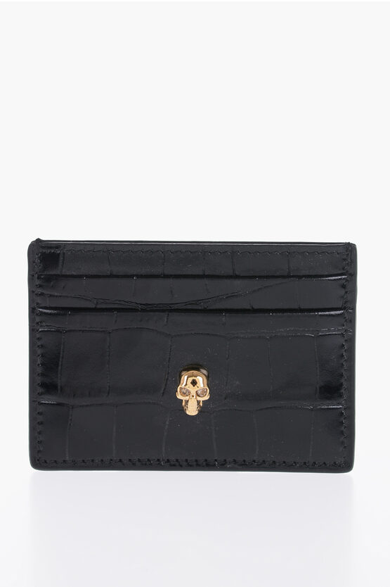 Alexander Mcqueen Crocodile Effect Patent Leather Card Holder With Golden Skul In Black