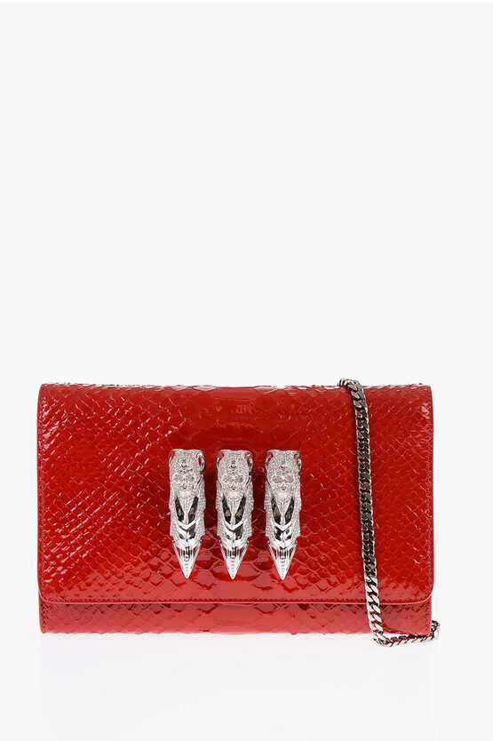 Philipp Plein Crocodile Effect Patent Leather Clutch Decorated With Claw R In Red