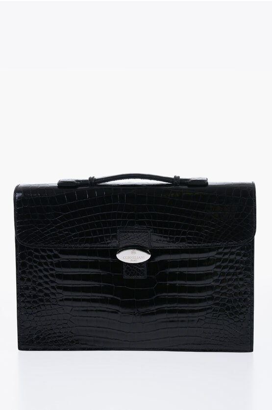 Shop Corneliani Crocodile Leather Business Bag With Snap Closure