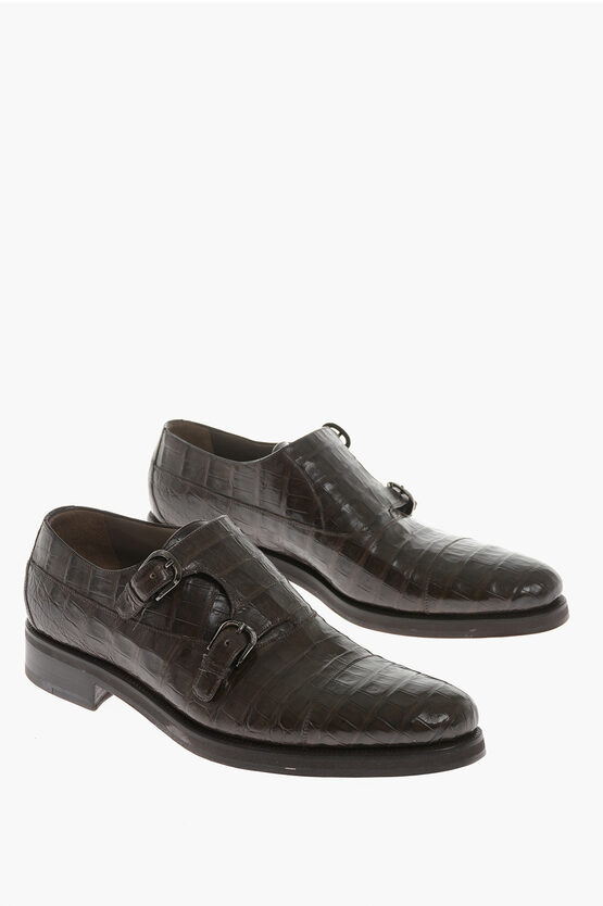 Shop Testoni Crocodile Leather Double Strap Monk Shoes