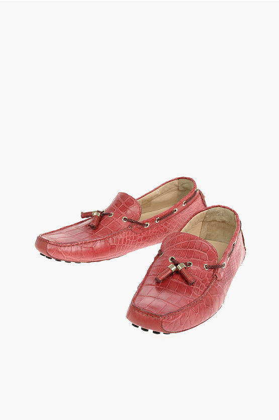 Corneliani Crocodile Skin Boat Shoes With Pure Gold Embelished Tassels In Pink