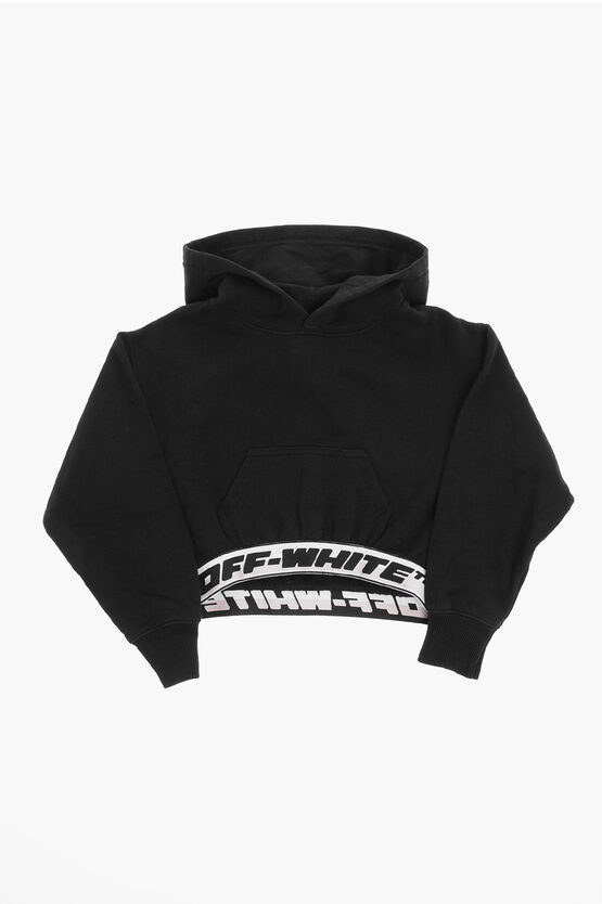 Off-white Crop Hoodie With Patch Pocket In Black