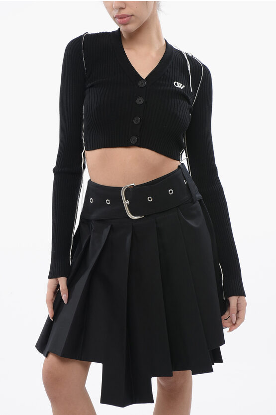 Off-white Cropped Cardigan With Contrasting Seams