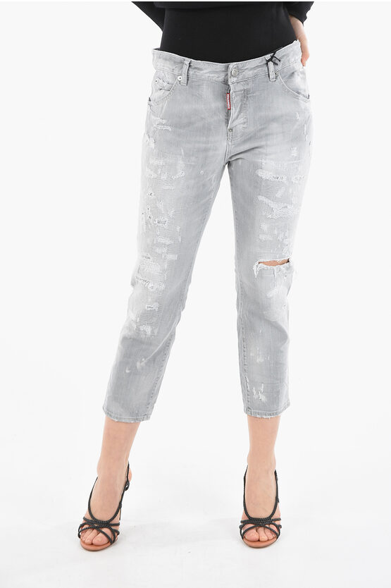Dsquared2 Cropped Cool Girl Denims With Distressed Effect 18cm In Gray