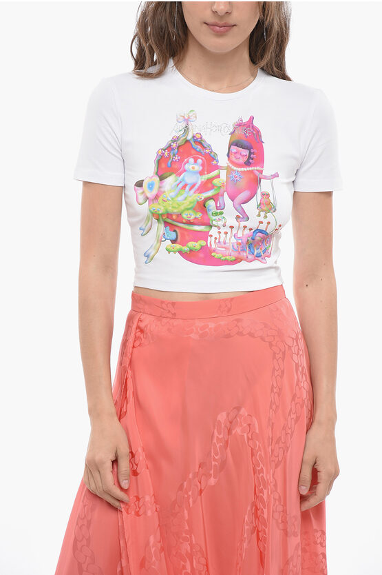 Shop Adriana Hot Couture Cropped Crew-neck Printed T-shirt With Rhinestone Logo