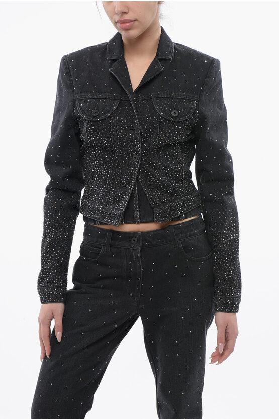 Off-white Cropped Fit Bling Denim Jacket With Rhinestones