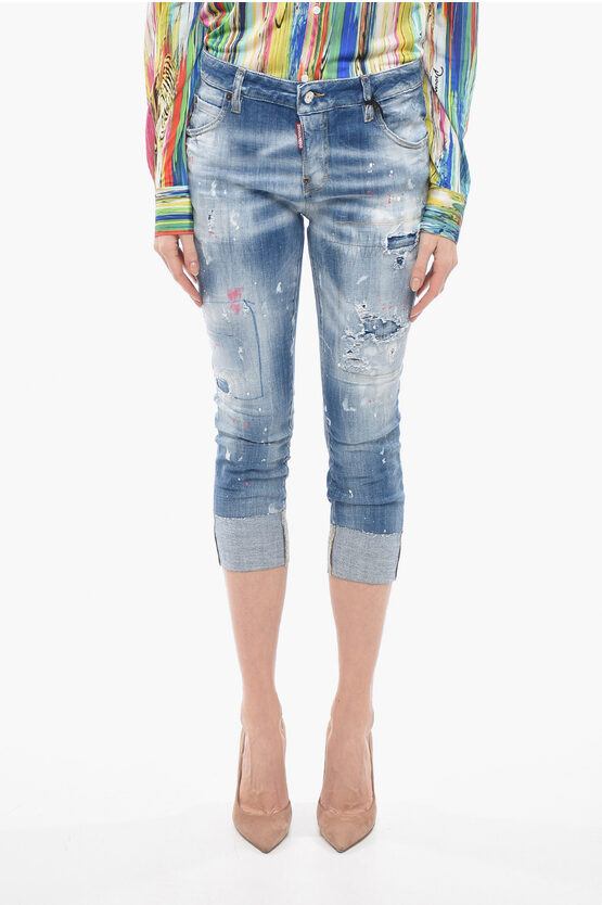 Dsquared2 Cropped Fit D2monogram Denims With Embroidered Logo 16cm In Blue