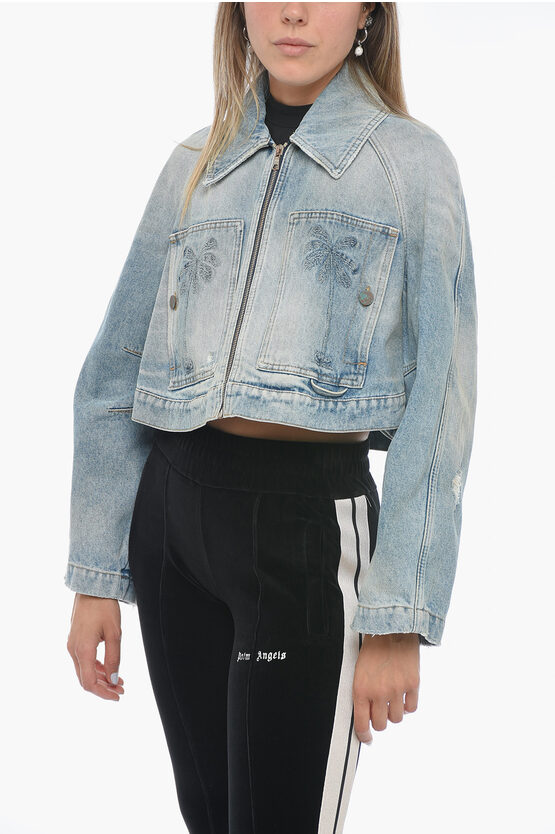 Shop Palm Angels Cropped Fit Denim Jacket With Front Zip