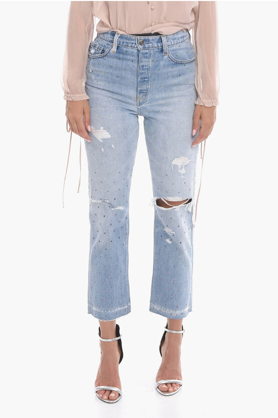 Amiri Cropped Fit Distressed Denims With Crystals 20cm In Blue
