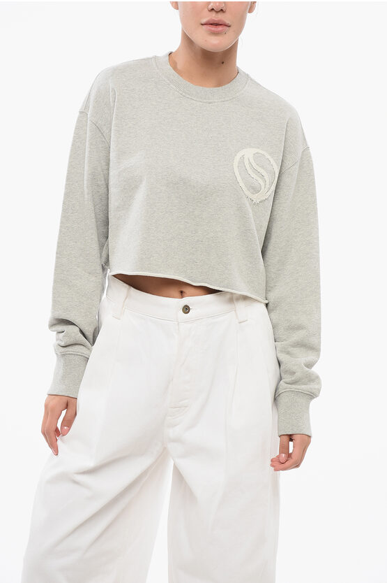 Shop Stella Mccartney Cropped Fit Sweatshirt With Raw-cut Hem And Logo Patch