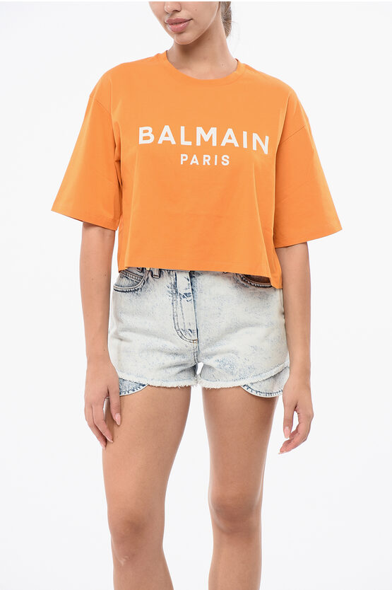 Balmain Logo-print Cropped T-shirt In Orange