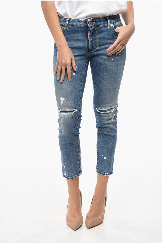 Dsquared2 Cropped Fit Twiggy Jeans With Rhinestones Embellishment 15cm In Blue