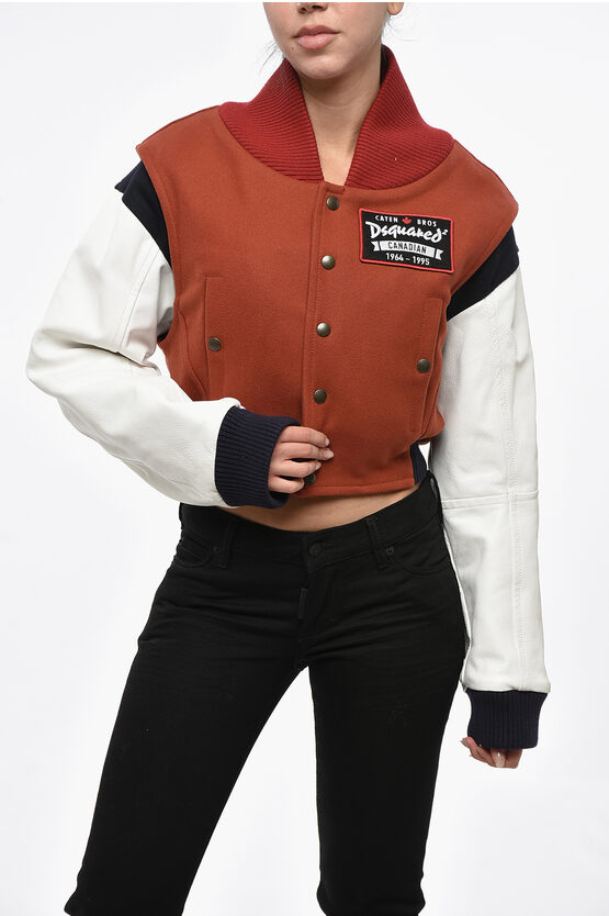 Dsquared2 Cropped Fit Varsity Bomber Jacket With Leather Sleeves In Multi