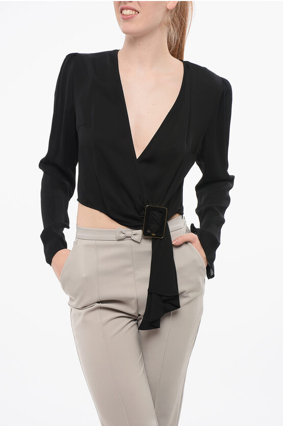 Elisabetta Franchi Cropped Fit Wrap Blouse With Buckle In Black