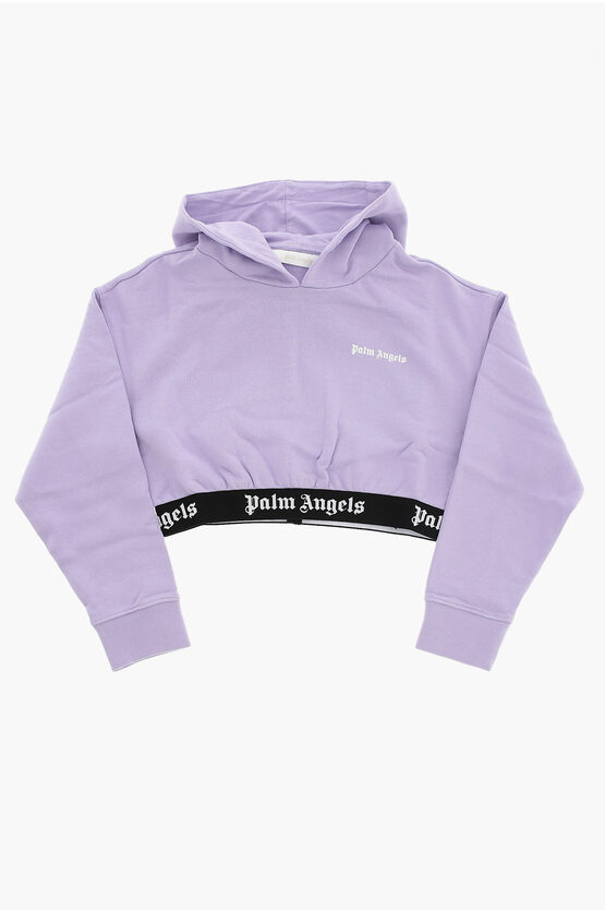 Palm Angels Cropped Hoodie With Logoed Band In Purple