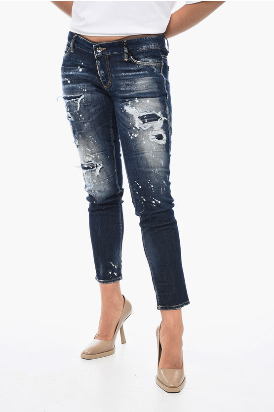 Shop Dsquared2 Cropped Jennifer Fit Denims With Distressed Details 14cm