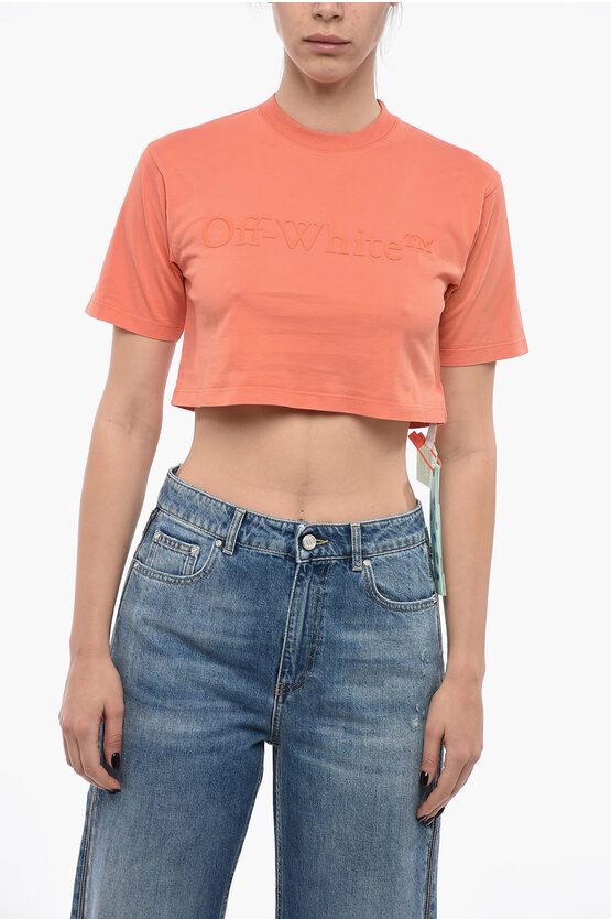 Off-white Cropped Laundry T-shirt With Embossed Logo In Pink