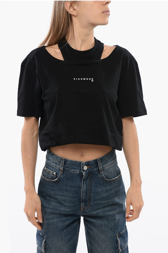 John Richmond Cropped Sadao T-shirt With Double Layer In Black