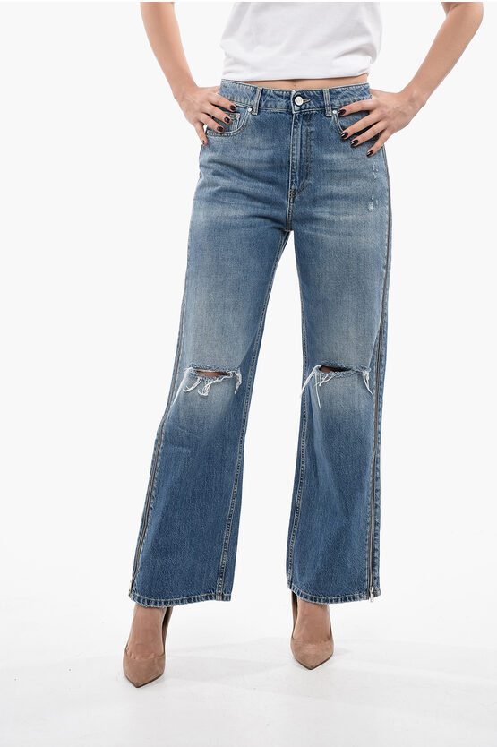 Shop Stella Mccartney Cropped Straight Fit Denims With Side Zips 26cm