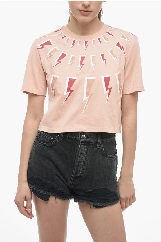 Neil Barrett Cropped T-shirt With Thunder Print In Brown