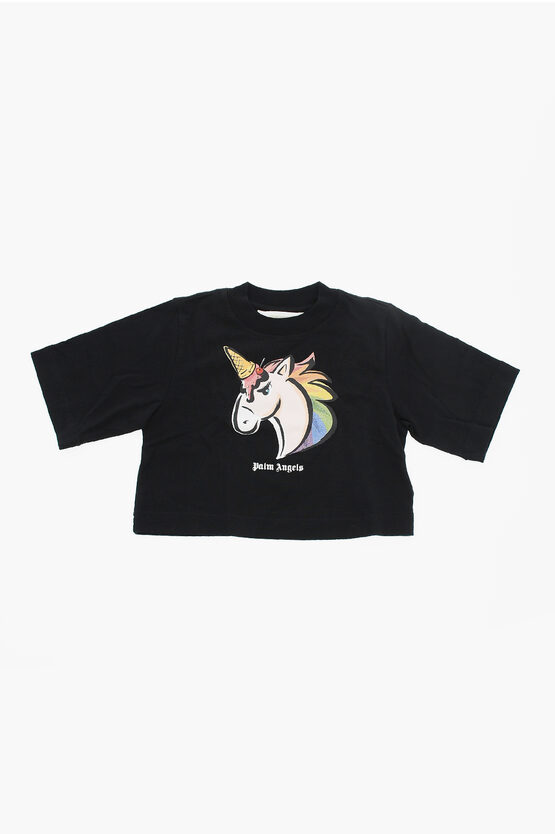 Palm Angels Cropped Unicorn Crew-neck T-shirt With Glitter Print In Black